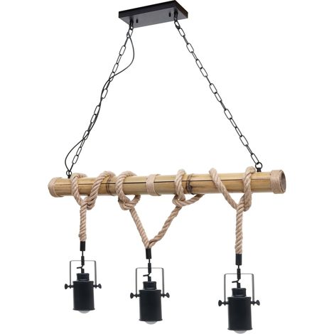 Lampe à suspension HWC-H82, corde de bambou, vintage industriel métal noir  3x abat-jours Spot (1/5)