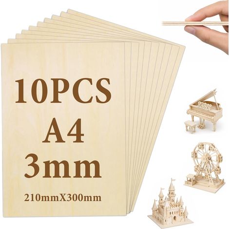 10 x A4 Contreplaqué 3mm, 300mm×210mm Contreplaqué  Planche en Bois Brut Pour DIY, Bois idéal pour Découpe Laser, Pyrogravure, Maquette, Décoration, Gravure (1/5)