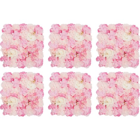Lot de 6 panneaux muraux de fleurs artificielles, panneau floral hortensias et roses, mur de fleurs en tissu soie, fond photo pour mariage, baptême, fête et décoration murale intérieure - 42x42 cm, ro (1/5)