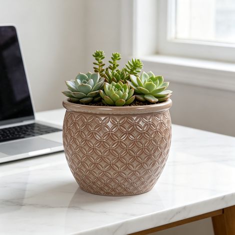 Maceta de cerámica Ø 23 cm, beige brillante, con orificios de drenaje DESVIAE (1/5)