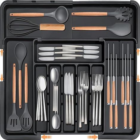 Organisateur de couverts - Grand organiseur de tiroir de cuisine extensible, séparateur de tiroir pour couverts de cuisine (1/5)