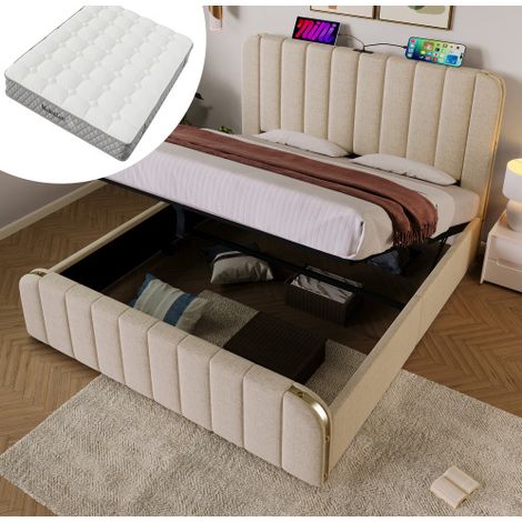 Letto contenitore imbottito in lino beige 180x200 cm con testiera decorata, USB/Type-C, rete a doghe e materasso incluso