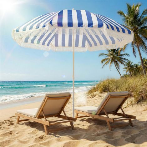 Ombrellone da spiaggia con frange Ø180 cm Ombrellone da esterno per patio con altezza regolabile e inclinazione di 30° Blu e bianco