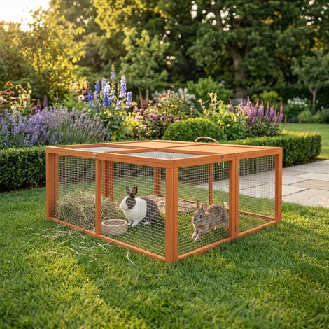 Clapier d'extérieur pliable pour 2 à 3 lapins, avec plusieurs entrées, en bois et acier, 110 x 105 x 50 cm, orange (1/5)