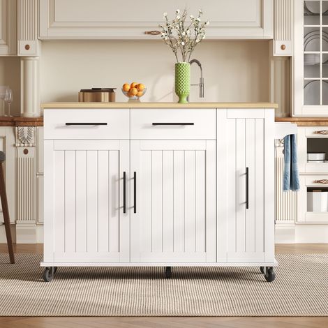 Îlot de cuisine avec tablette rabattable, chariot de rangement sur roulettes, étagères, porte-serviettes et 2 tiroirs, blanc (1/5)