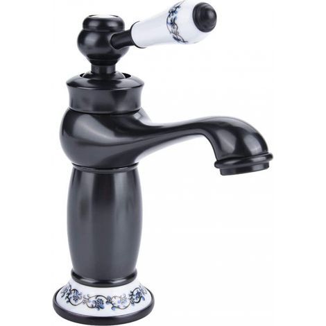 (Black) Mixer Tap Basin Faucet Brass Ceramic Sink Faucet Black and White Porcelain Long Neck Vintage Floral with Inlet Cold/Hot Water Tap Kitchen Bathroom (1/5)