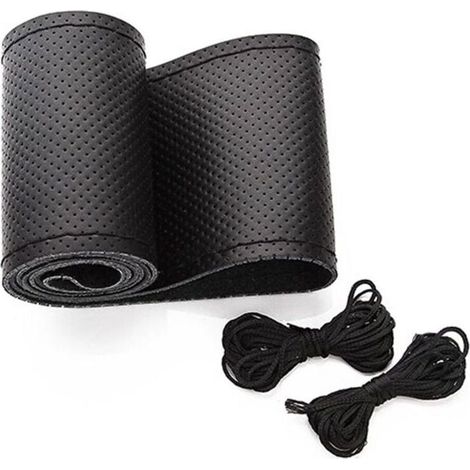 Universeller Autolenkradbezug aus Leder, zum Selbernähen, atmungsaktiv und rutschfest, 15 Zoll (schwarz) (1/5)