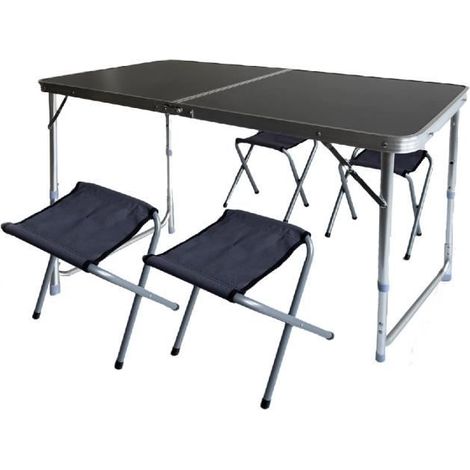 Ensemble de jardin - JUANIO - 120/32x60/27x50/37 cm - Table pliante réglable - 4 tabourets pliables - Noir (1/4)
