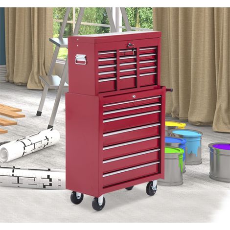 Coffre à outils métallique HOMCOM, chariot d'atelier, porte-outils, rouge, pour atelier et garage, mobile et robuste (1/3)