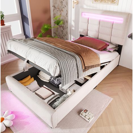 letto contenitore 90x200 APP LED USB lino beige MDF HAVRYA (1/5)