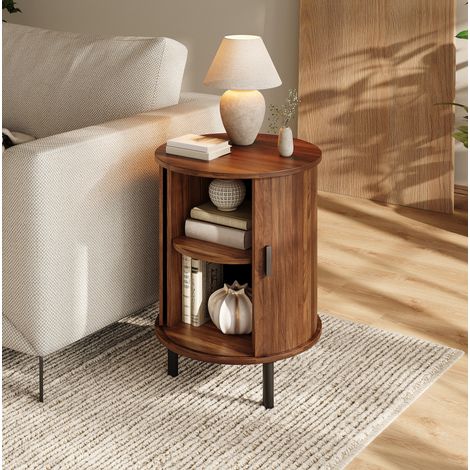 Table d'appoint rond 48x48x65 cm avec rangement, porte coulissante, 2 niveaux, pieds métal, coloris noyer (1/5)