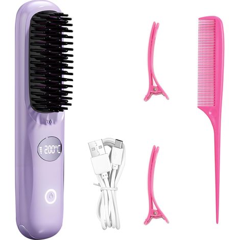 Brosse lissante sans fil, brosse lissante portable pour le voyage, mini peigne lissant ionique chaud pour femme, revêtement céramique, légère pour les retouches, violette (chargeur non inclus)