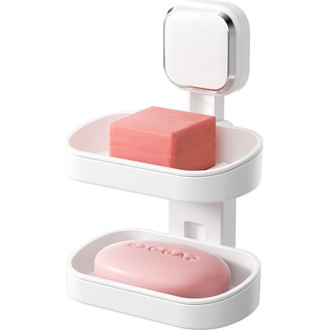 TAILI Porte Savon Double Couche pour Douche, Support de Savon à Ventouse pour Montage Mural, Porte éponge Adapté pour Salle de Bain, Baignoire, évier de Cuisine, Facile à Nettoyer, Blanc