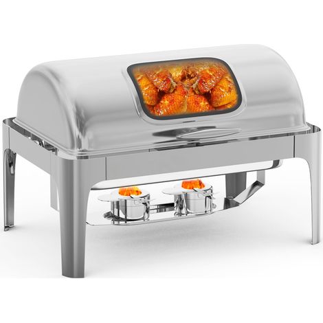 Réchaud à Buffet 9QT Rectangulaire, Ensemble de Chauffe pour Plats Buffet, Couvercle Visible, Bacs à Eau, Support et Pince, Argent