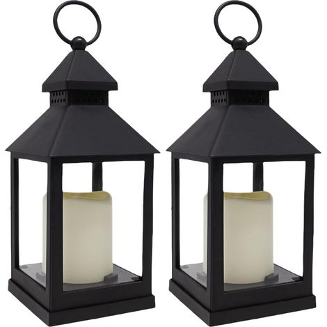 Lot de 2 lanternes à bougie décoratives d'intérieur de 25,9 cm avec bougie LED chaude vacillante et minuterie de 6 heures, lanternes à bougie noires alimentées par piles pour centre de table