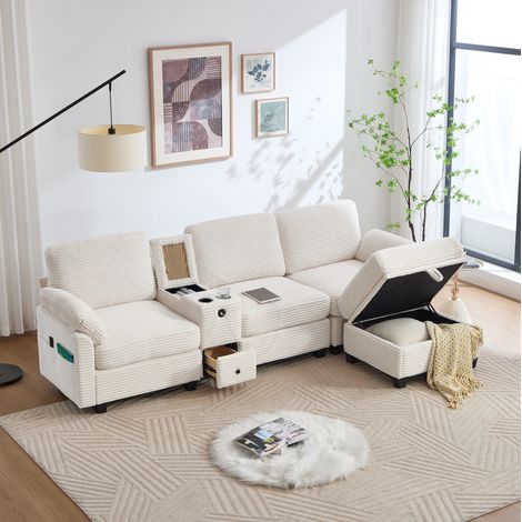 Canapé con otomana de pana beige 266x136x82 cm con consola móvil, USB-C y almacenaje (1/5)