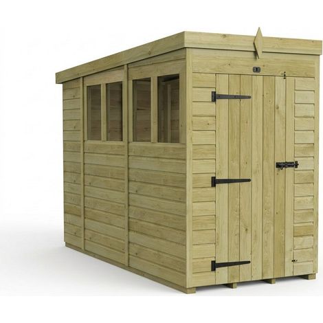 4ft x 10ft Pent Garden Shed Single Door With Windows - Pressure Treated Timber - L122 x W305 x H210 cm - Natural