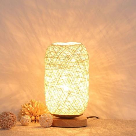 Lampe Chevet - Bambou Rotin - Base Bois Massif - LED Dimmable - Salon Chambre Bureau - 23 x 14 x 12 cm - Beige - 1 Pièce (1/4)