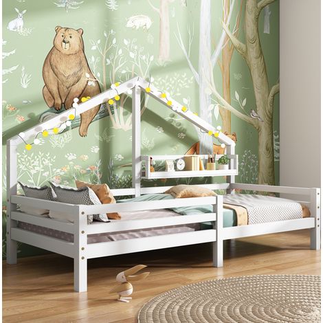 Cama infantil tipo casa con estante y barrera blanca OKMYHOME (1/5)