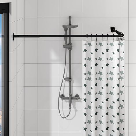 L Forme Tringle à Rideau de Douche, barre de douche extensible pour salle de bain, acier inoxydable avec 12 crochets à anneaux et support plafonnier (Noir, 60-130cm x 60-130cm) (1/5)
