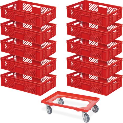 BRB Lot de 10 bacs Euro - 600 x 400 x 150 mm (L x l x H) - Qualité industrielle - Rouge - 1 chariot de transport avec plateau en plastique ABS incassable (1/2)