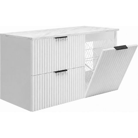 Mobile bagno sospeso 100 cm con cesto portabiancheria, 2 cassetti, 1 anta, Bianco / Marmo, maniglie nere, 100 x 46 x 58,6 cm (1/5)