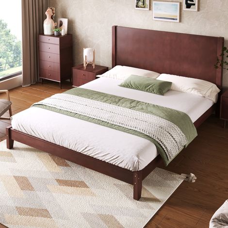 Letto a piattaforma in MDF e compensato marrone, 160x200 cm, con testiera e rete a doghe incluse. (1/5)