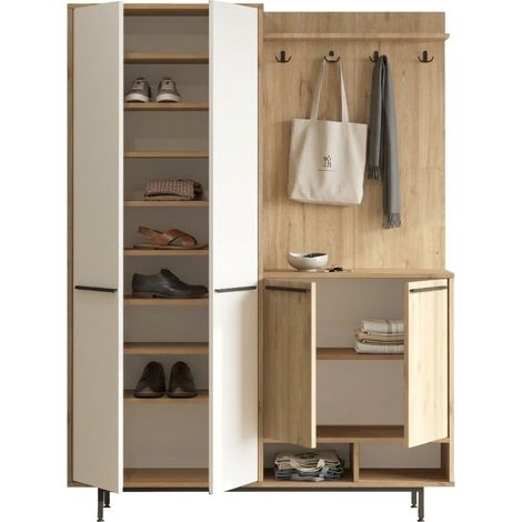 Mobile da Ingresso Tignale, Appendiabiti, 12 Ripiani, Apertura Battente, 147x36x196h cm Beige
