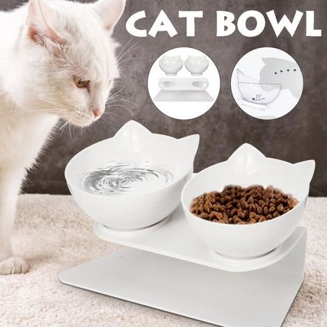 Gamelle Anti-dérapant Double Bols Mangeoires Chat Chien - Nourriture Distributeur Eau Dia. 13cm - BLANC (1/4)