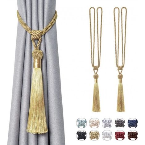 Set aus 2 handgefertigten, geflochtenen Gardinenhaltern im europäischen Stil mit langen Quasten zur Fensterdekoration (gold)