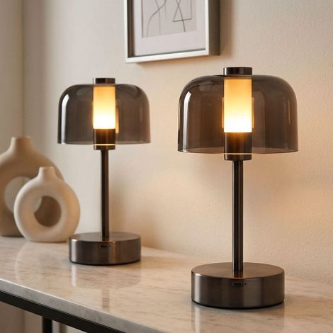 Lampe de table LED double, lampe de salon noire, lampe en forme de champignon, variateur tactile, H 25 cm (1/5)