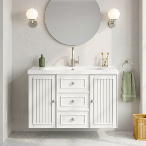 URBAN MEUBLE Meuble de Salle de Bain Suspendu 78cm avec Vasque, 3 Tiroirs, Blanc (robinet non inclus)