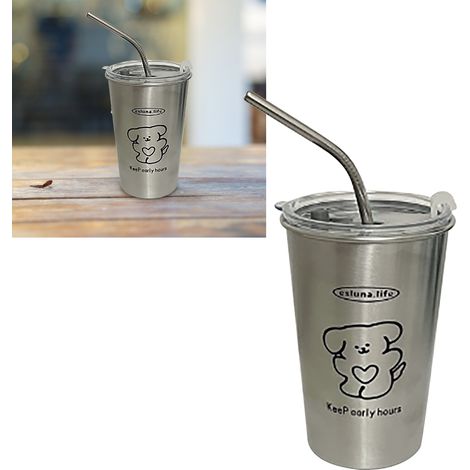 500-ml-Thermosbecher aus Edelstahl mit Metallstrohhalm, ideal als Reisebecher für Eiskaffee, Kaffee, Tee und Ihren teeliebenden Hund. (1/5)