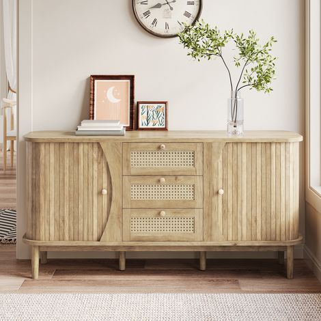 Buffet en rotin,Portes coulissantes,Etagères réglables,Plateau incurvé,3 Tiroirs,140.5x40x76cm,Couleur bois naturel (1/5)