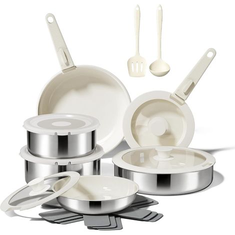 16 Piece Titanium Diamond Ceramic Non-Stick Saucepans and Pans Set with 3 Layers Stainless Steel with Removable Handle, Dishwasher, Induction Safe, Oven Safe (1/5)