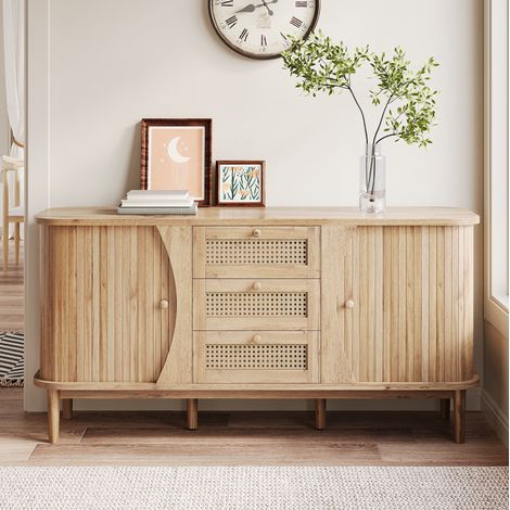 Credenza in legno da soggiorno con ante scorrevoli, 3 cassetti in rattan, ripiani regolabili e piano arrotondato (1/5)