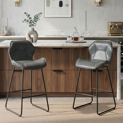 Lot de 2 Tabourets de Bar - 48,5x47x91,5cm - Chaises de Bar en Similicuir avec Dossier et Repose-Pieds Style Moderne - Gris (1/5)