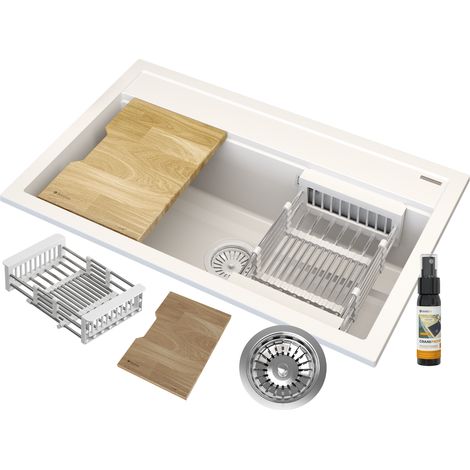 Évier de Cuisine en Granit Blanc ASTI 1 Bac avec Égouttoir Télescopique, Planche en Bois et Siphon Manual (1/5)