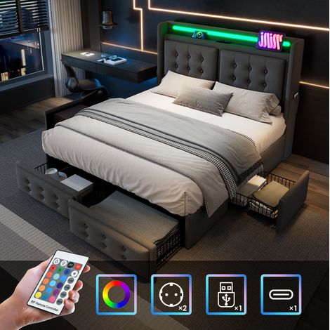 Cama tapizada 140/200 cm gris de algodón y lino con LED, USB-C y 4 cajones (1/5)