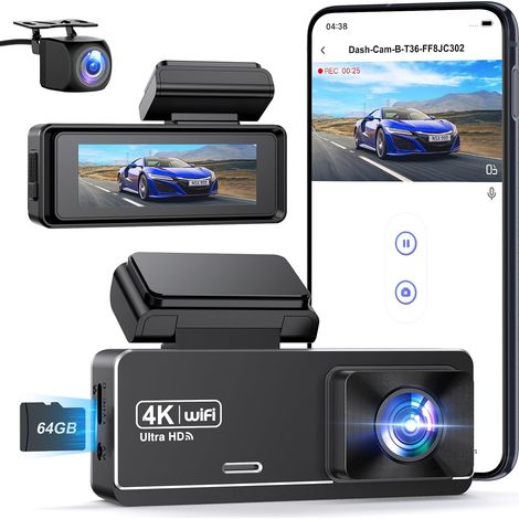 Car Dashcam Front Rear 4K+1080P Car Camera, WiFi Dashcam Card 64GB Free, 2.99 Inch IPS Car Camera, Night Vision, 24H Parking Mode, Loop Recording (1/5)