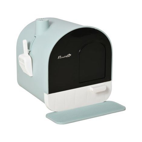 Bac à litière couvert pour chats jusqu'à 5 kg, avec couvercle et tapis de litière, en plastique vert, 43 x 44 x 47 cm