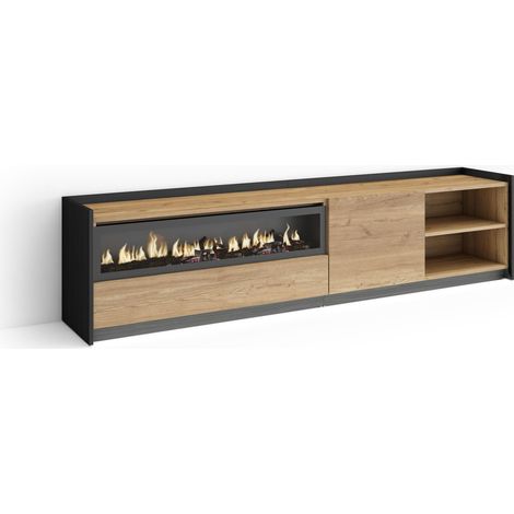 Skraut Home - TV-Schrank, Lowboard, für Wohnzimmer und Esszimmer, 207x37x50cm, Für TV-Geräte bis zu 80", Elektrokamin., LED, Moderner Stil, Eiche Schwarz