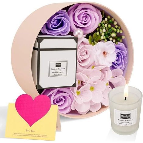 Runde Seifenbox mit Blumenmotiv, Aromatherapie-Kerze, rosa künstliche Blume, Geschenkset für Muttertag und Valentinstag (1/4)