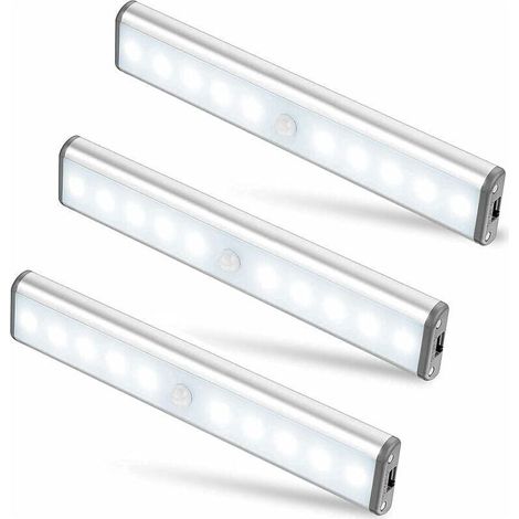 Lot de 3 lampes sans fil à 10 LED, rechargeables par USB, avec détecteur de mouvement magnétique, 2 modes d'éclairage, portables. Éclairage de placard, éclairage de secours, veilleuse pour enfants. (1/5)