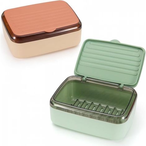 Porte-savon avec plateau de drainage et couvercle, 2 couches amovible Grande boîte à savon étanche pour douche salle de bain lavabo rose vert 2 pack (1/5)