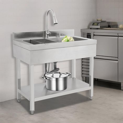 Évier autoportant en acier inoxydable - Évier de cuisine avec robinet extensible - Rectangulaire avec un bac - Pour maisons, salles de bains, fermes, arrière-cours, 90 x 60 x 80 cm