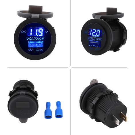 Chargeur USB auto 12/24V 2.1A adaptateur prise de courant voltmètre pour camping-car moto bateau LED bleue (1/5)
