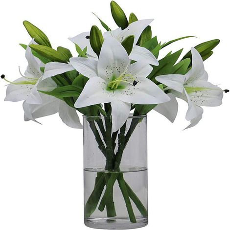Set mit 6 weißen künstlichen Lilien – elegante Innendekoration – hochwertige Kunstblumen – wartungsfrei – für Zuhause, Büro, Hochzeit (1/5)