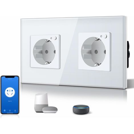 Double prise Schuko intelligente en verre, avec WiFi, 16 A, 2 voies, 157 mm, encastrée, contrôle par application, compatible avec, 2,4 GHz seulement (blanc) (1/5)