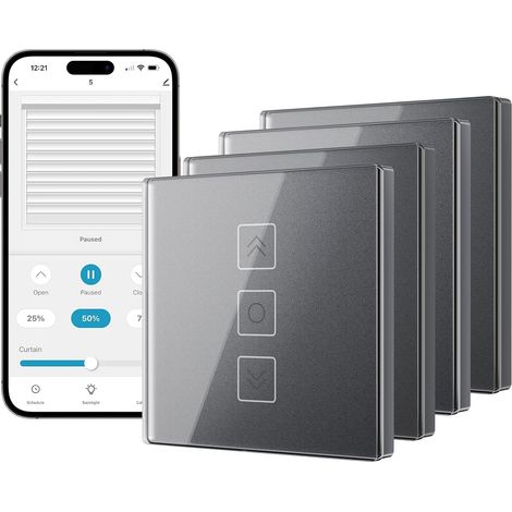 4 Pack Interrupteur Volet Roulant Connecté avec Fonction Pourcentage, Interrupteur Mural Commande Vocale Programmation pour Rideaux Compatible (Gris) (1/5)